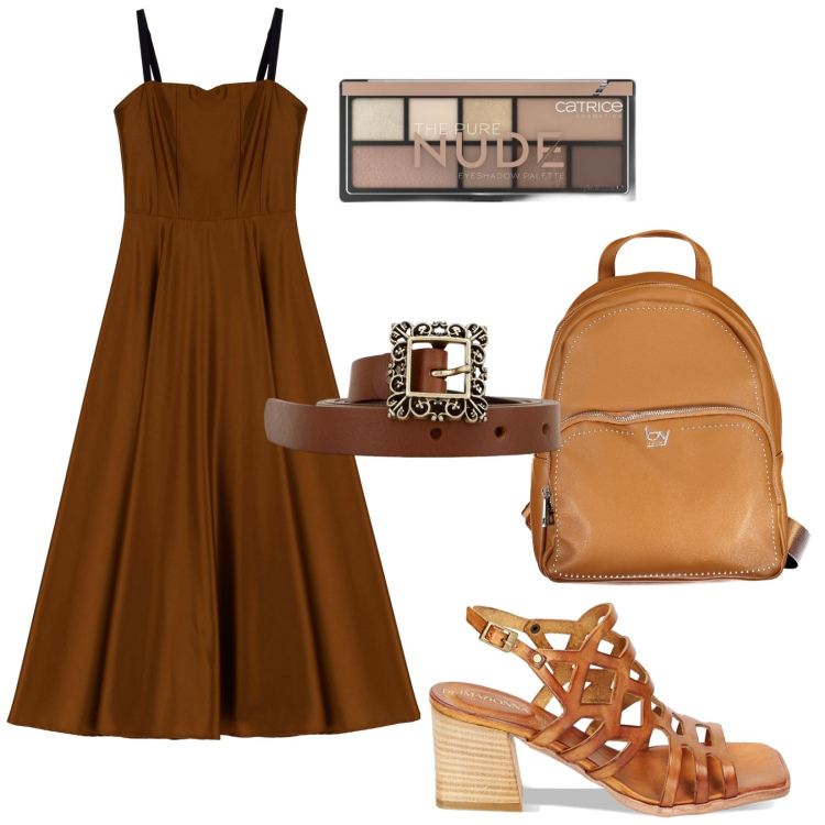Outfit donna - Total look #1834687. Stile Casual per Tutti i giorni. Abbinamento con ombretti, vestiti midi/longuette, sandali col tacco, cinture, zaini.