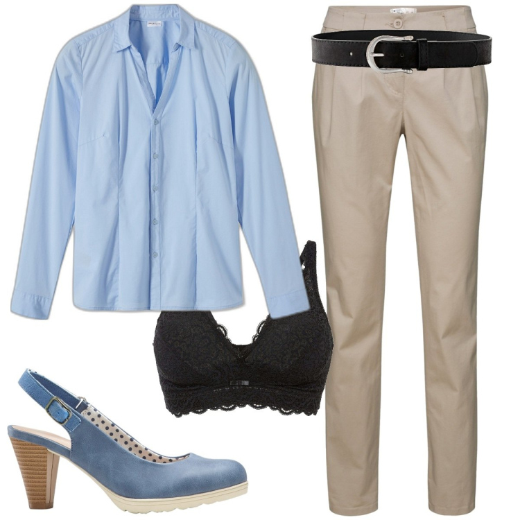 Outfit donna - Natural. Stile Minimal per Tutti i giorni. Abbinamento con pantaloni chino, camicie, cinture, décolleté, bralette.