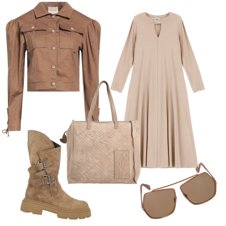 Outfit donna - Look neutro. Stile Basic per Tutti i giorni. Abbinamento con borse a mano, stivali, blazer, vestiti lunghi, occhiali da sole.