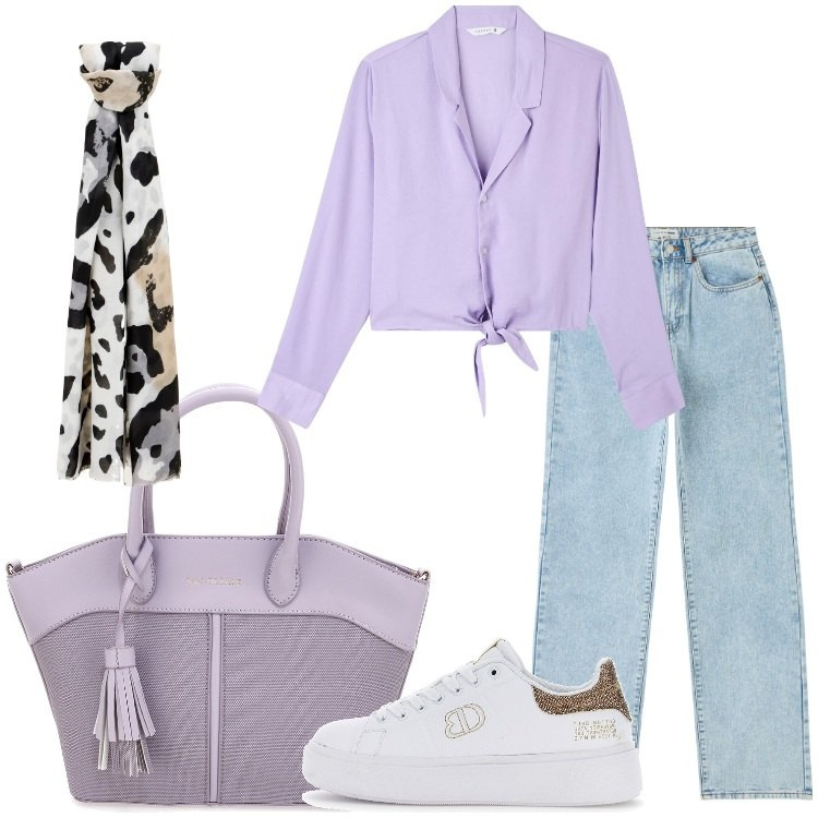 Outfit donna - Maxi Tote Bag per la primavera. Stile Casual per Tutti i giorni. Abbinamento con camicie, jeans dritti, foulard, sneakers, borse a mano.