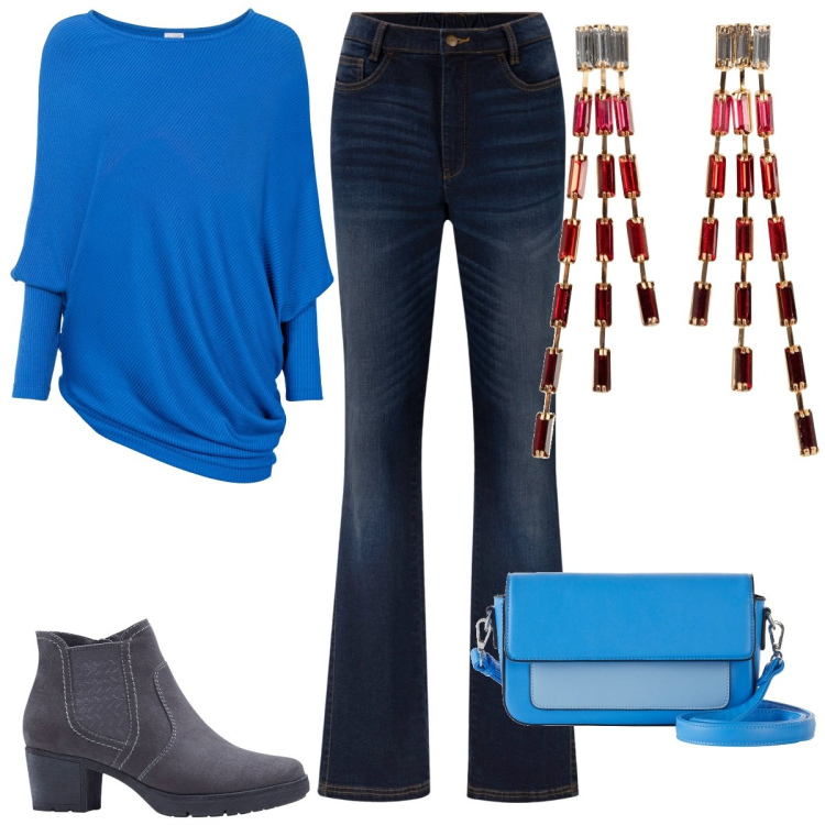 Outfit donna - Bonprix - linee naturali- curvy. Stile Casual chic per Tutti i giorni. Abbinamento con stivaletti, jeans bootcut, orecchini, maglieria, borse a mano.