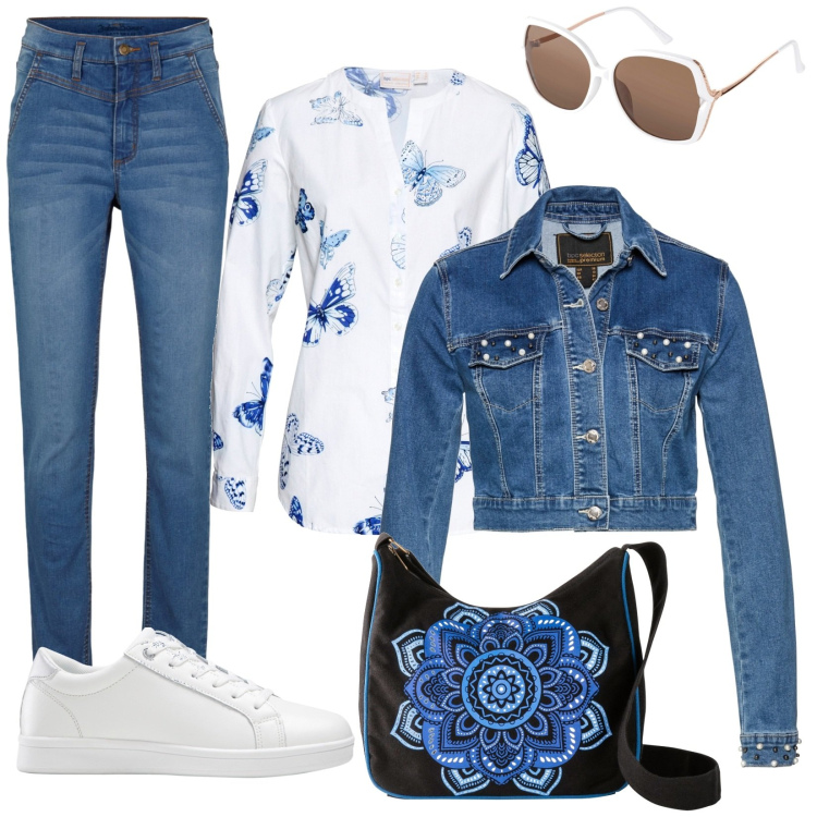Outfit donna - Farfalle blu. Stile Casual per Tutti i giorni. Abbinamento con sneakers, camicie, blazer, jeans skinny, borse a tracolla, occhiali da sole.