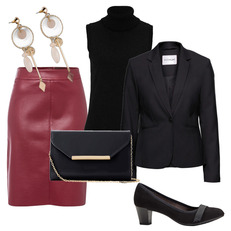 Outfit donna - Linee naturali. Stile Chic per Serata fuori. Abbinamento con blazer, décolleté, orecchini, gonne longuette, maglieria, pochette.