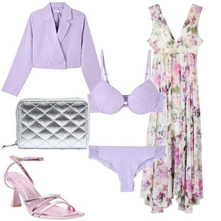 Outfit donna - Glamour per la primavera. Stile Glamour per Cerimonia. Abbinamento con vestiti lunghi, blazer, culotte, sandali col tacco, portafogli, reggiseni.