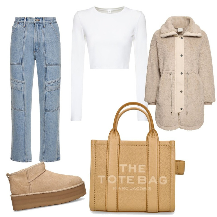 Outfit donna - Casual. Stile Casual per Scuola/Università. Abbinamento con jeans dritti, stivali, shopping bag, blazer, t-shirt.