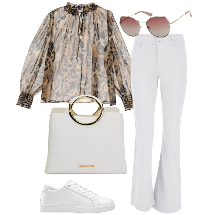 Outfit donna - Primavera. Stile Sporty chic per Tutti i giorni. Abbinamento con sneakers, camicie, jeans a zampa, borse a mano, occhiali da sole.