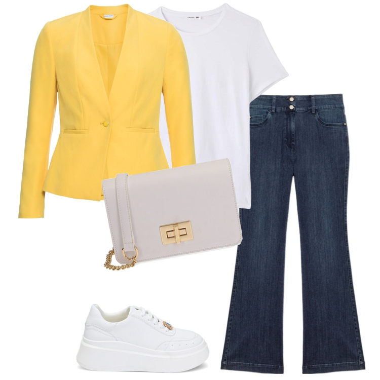 Outfit donna - Primavera. Stile Casual chic per Tutti i giorni. Abbinamento con blazer, t-shirt, borse a tracolla, sneakers, jeans.