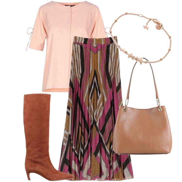 Outfit donna - Gonna e stivali. Stile Chic per Tutti i giorni. Abbinamento con camicie a manica corta, stivali, borse a spalla, gonne lunghe, braccialetti.