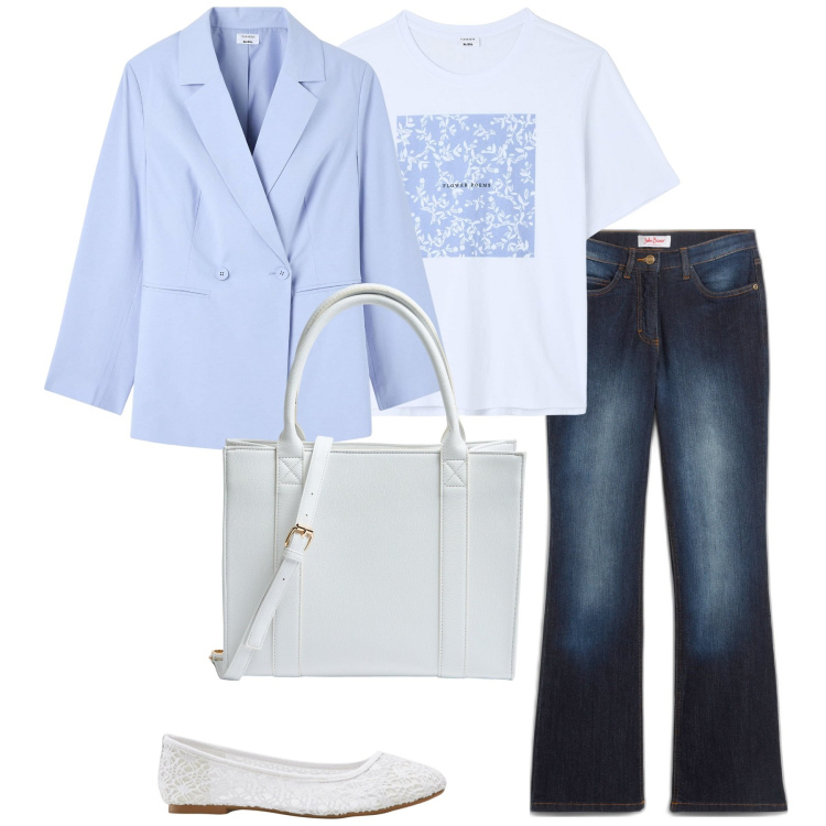 Outfit donna - Primavera. Stile Bon Ton per Tutti i giorni. Abbinamento con jeans bootcut, ballerine, blazer, t-shirt, shopping bag.