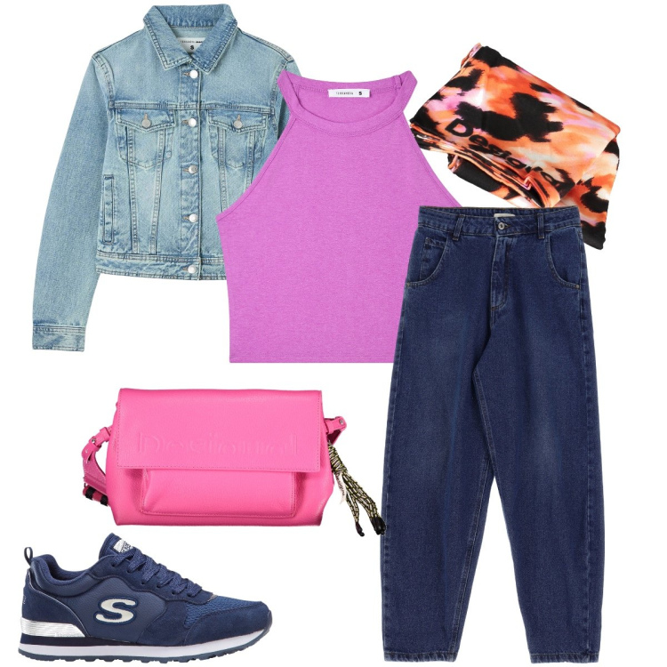 Outfit donna - Il top fucsia. Stile Basic per Tutti i giorni. Abbinamento con sneakers, canottiere, blazer, jeans, borse a spalla, foulard.
