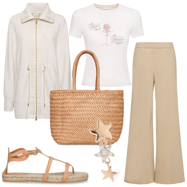 Outfit donna - Tutti i giorni top. Stile Casual chic per Tutti i giorni. Abbinamento con pantaloni, t-shirt, felpe, borse a secchiello, sandali in pelle, orecchini.