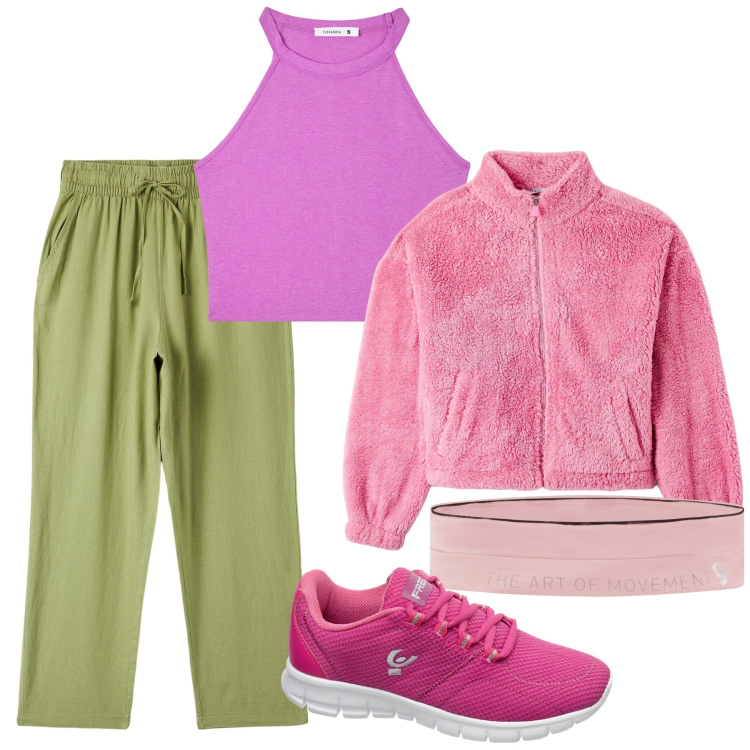 Outfit donna - Camminata serale. Stile Sporty chic per Sport. Abbinamento con canottiere, felpe, pantaloni, marsupi, sneakers.