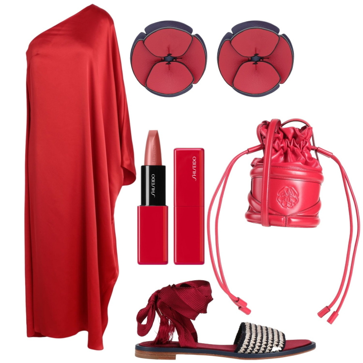 Outfit donna - Peplo mono spalla. Stile Chic per Serata fuori. Abbinamento con vestiti lunghi, sandali, borse a tracolla, orecchini, rossetti.