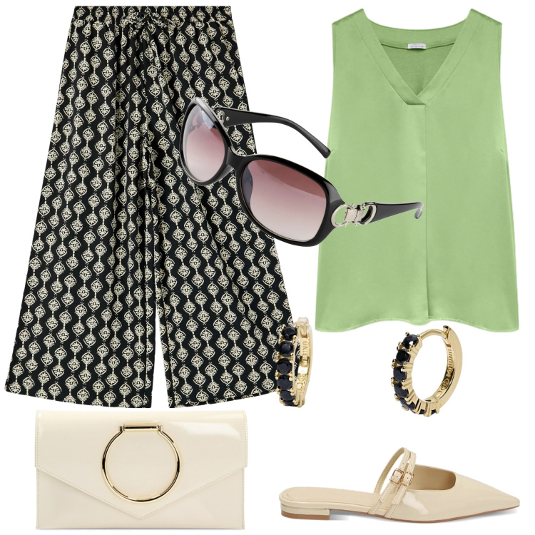 Outfit donna - In città. Stile Glamour per Tutti i giorni. Abbinamento con occhiali da sole, pantaloni a palazzo, orecchini, sabot, pochette, top.