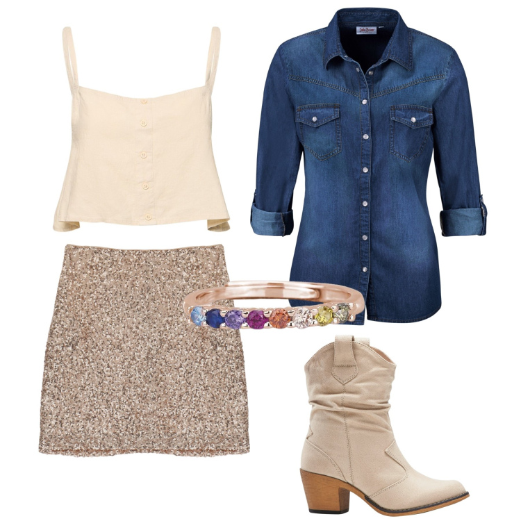 Outfit donna - Gonna e stivaletti. Stile Sexy per Scuola/Università. Abbinamento con camicie, stivaletti texani, anelli, minigonne, top.