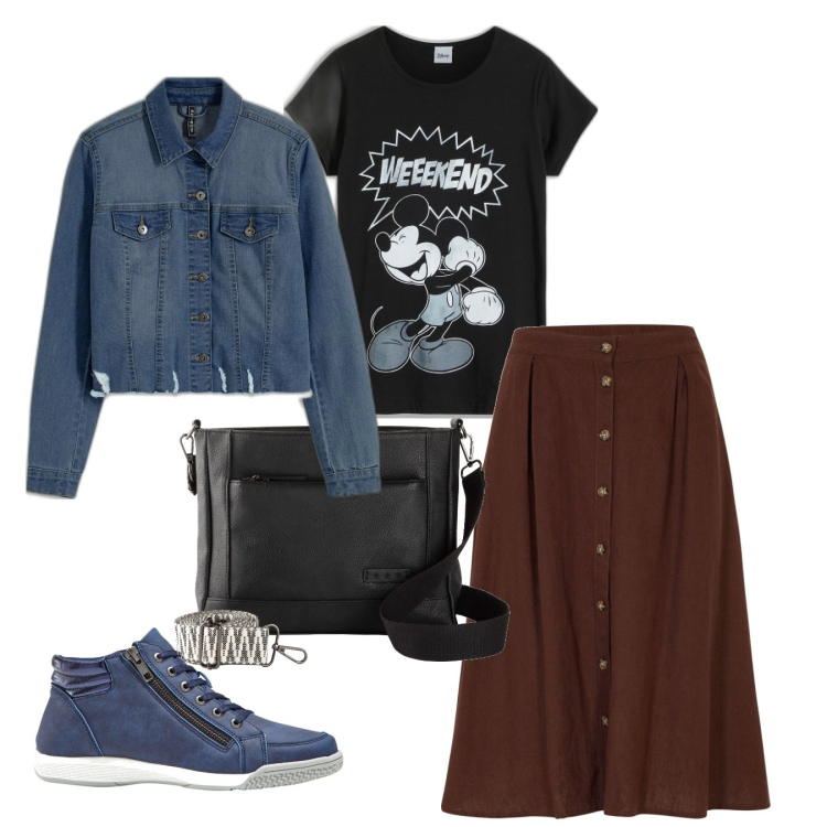 Outfit donna - Weekend da favola. Stile Casual per Tutti i giorni. Abbinamento con t-shirt, borse a tracolla, sneakers alte, gonne longuette, blazer.