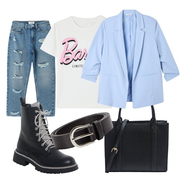 Outfit donna - Primavera 2024. Stile Urban per Ufficio. Abbinamento con t-shirt, blazer, anfibi, jeans mom, cinture, shopping bag.