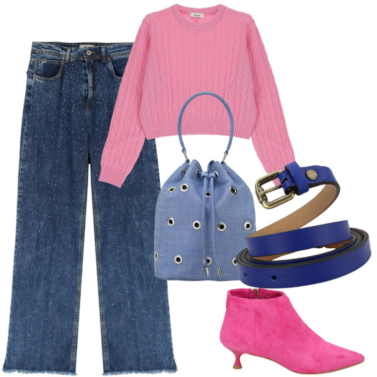 Outfit donna - Dixie ss24. Stile Casual chic per Tutti i giorni. Abbinamento con stivaletti, jeans, pullovers, cinture, borse a secchiello.