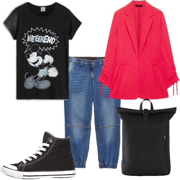 Outfit donna - Let\'s go. Stile Urban per Tutti i giorni. Abbinamento con t-shirt, sneakers alte, zaini, jeans, blazer.
