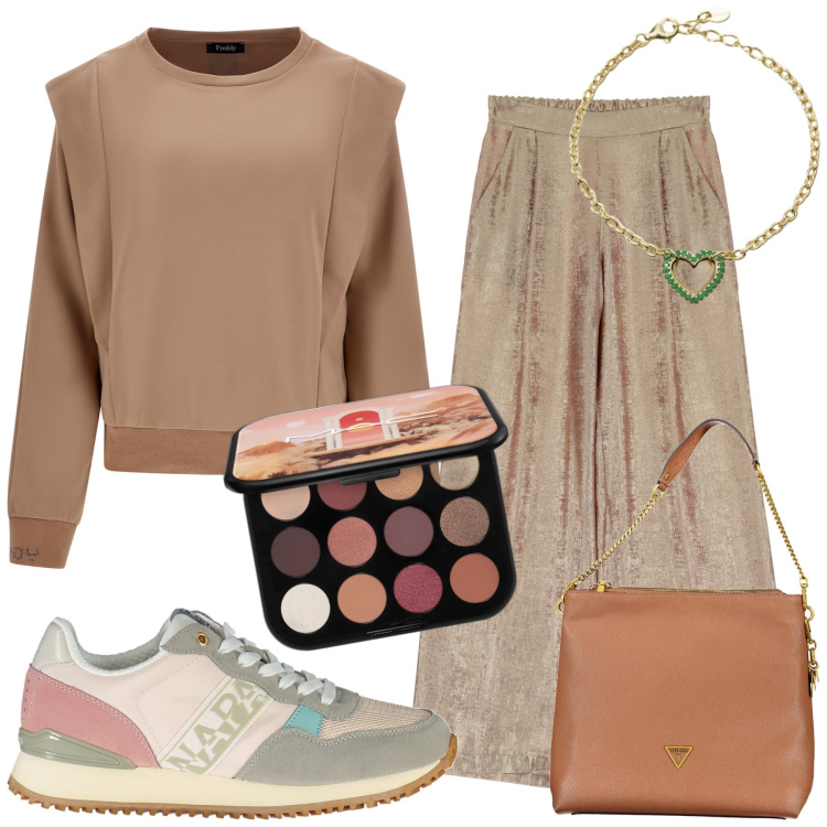 Outfit donna - Casual neutri. Stile Casual per Tutti i giorni. Abbinamento con ombretti, braccialetti, maglieria, pantaloni a palazzo, scarpe sportive, borse a tracolla.
