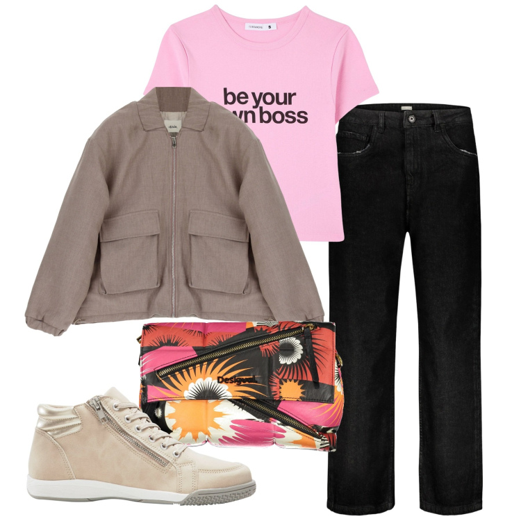 Outfit donna - My own boss. Stile Basic per Tutti i giorni. Abbinamento con sneakers alte, blazer, jeans, borse a spalla, t-shirt.