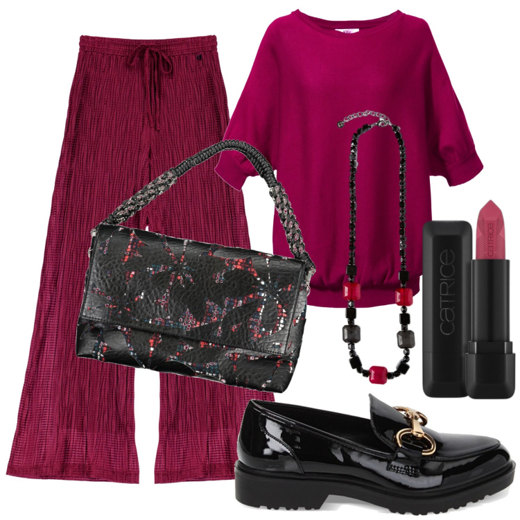 Outfit donna - Spettacolare. Stile Chic per Tutti i giorni. Abbinamento con maglieria, rossetti, mocassini, pantaloni, borse a spalla, collane.