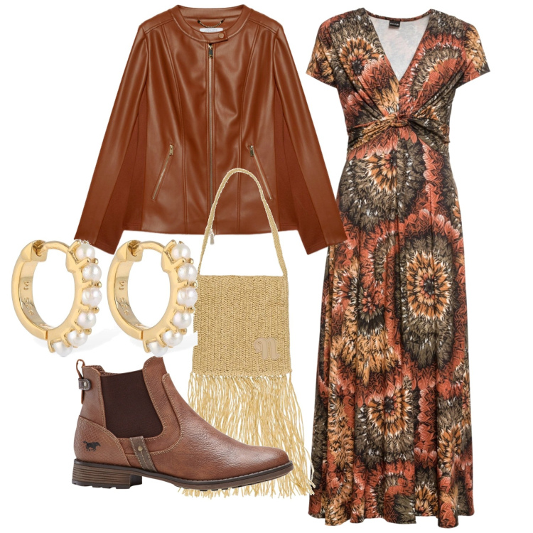 Outfit donna - Bohémien over 50. Stile Boho per Tutti i giorni. Abbinamento con vestiti lunghi, stivaletti chelsea, blazer, borse a spalla, orecchini.