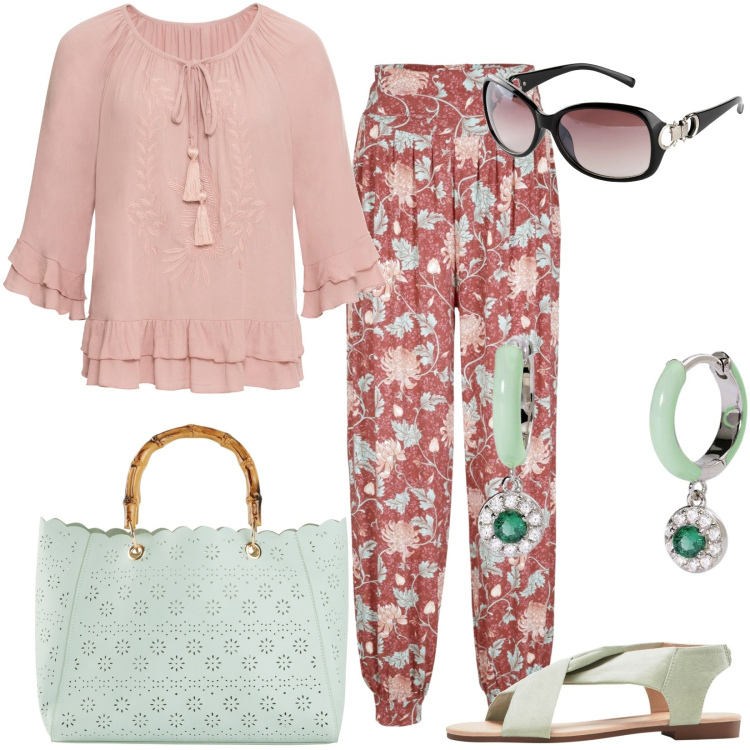 Outfit donna - Pantaloni alla turca. Stile Basic per Tutti i giorni. Abbinamento con tuniche, occhiali da sole, pantaloni, sandali, borse a mano, orecchini.