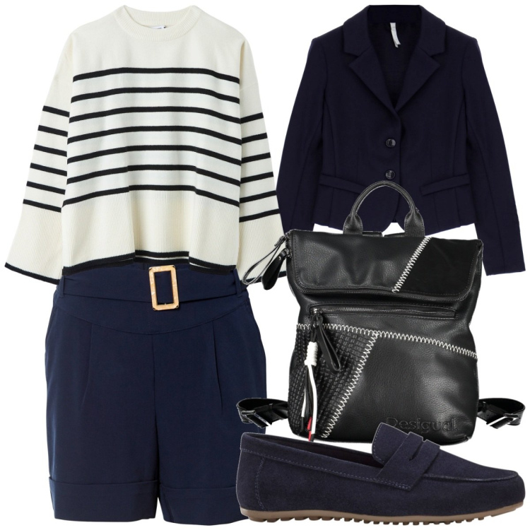 Outfit donna - Shorts al lavoro. Stile Basic per Ufficio. Abbinamento con mocassini, shorts, maglieria, cappotti, zaini.