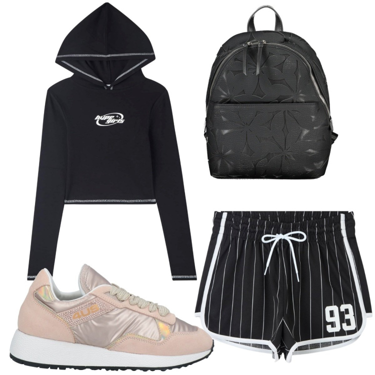 Outfit donna - Total look #1834919. Stile Basic per Sport. Abbinamento con sneakers, pantaloncini sportivi, t-shirt, zaini.