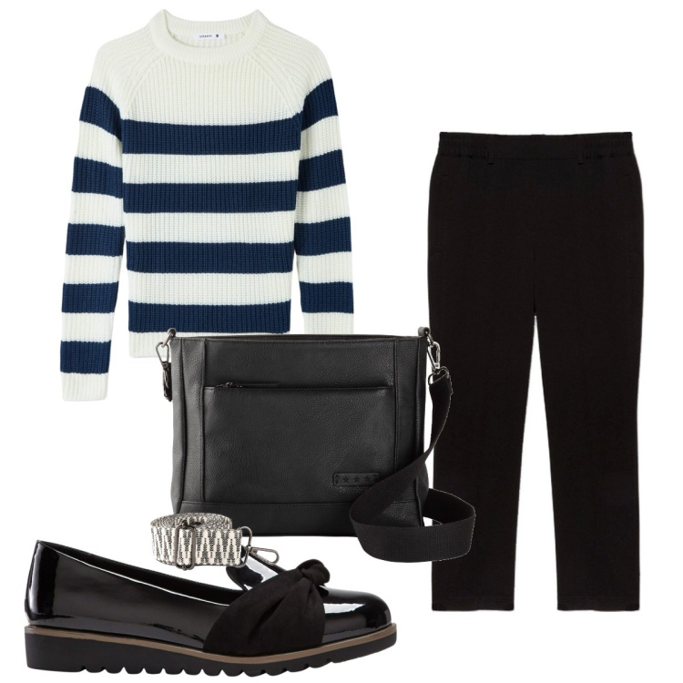 Outfit donna - Total look #1834920. Stile Trendy per Tutti i giorni. Abbinamento con borse a tracolla, mocassini, maglieria, pantaloni.