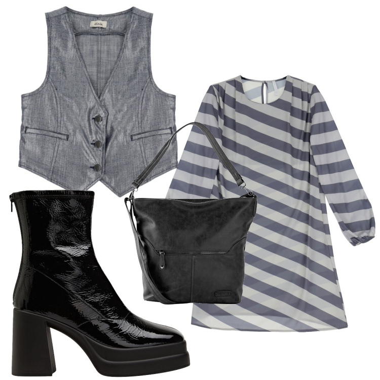 Outfit donna - Total look #1834937. Stile Trendy per Tutti i giorni. Abbinamento con borse a tracolla, stivaletti, vestiti corti, gilet.