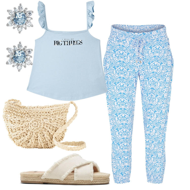 Outfit donna - Ciabattine attirasguardi. Stile Casual per Tutti i giorni. Abbinamento con ciabatte, pantaloni, borse a tracolla, top, orecchini.