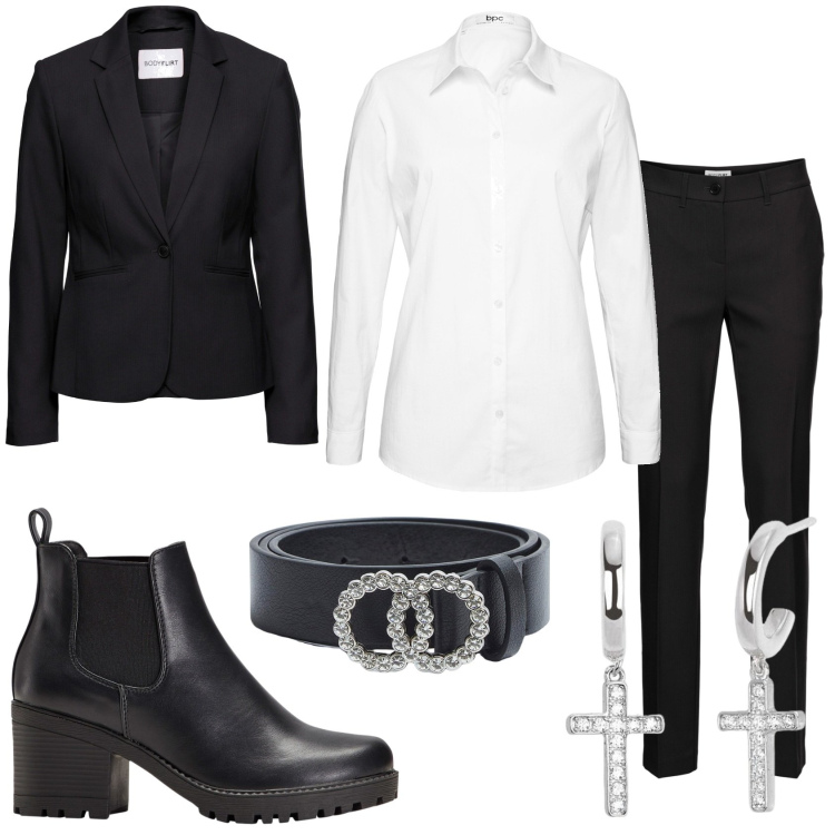 Outfit donna - Giacca e pantalone bianco e nero. Stile Mannish per Tutti i giorni. Abbinamento con pantaloni, camicie, blazer, stivaletti chelsea, cinture, orecchini.