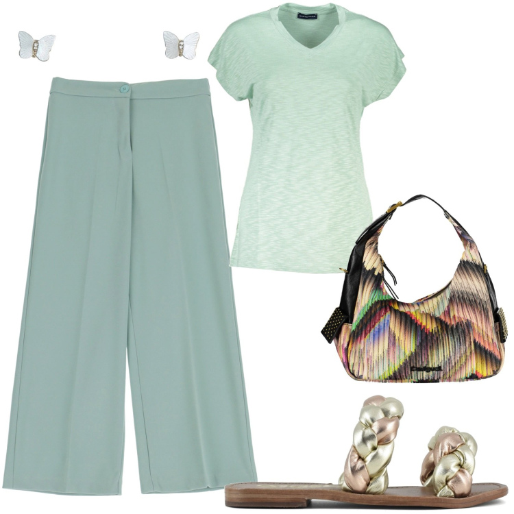 Outfit donna - Total look #1834955. Stile Casual per Tutti i giorni. Abbinamento con orecchini, pantaloni, ciabatte, t-shirt, borse a spalla.