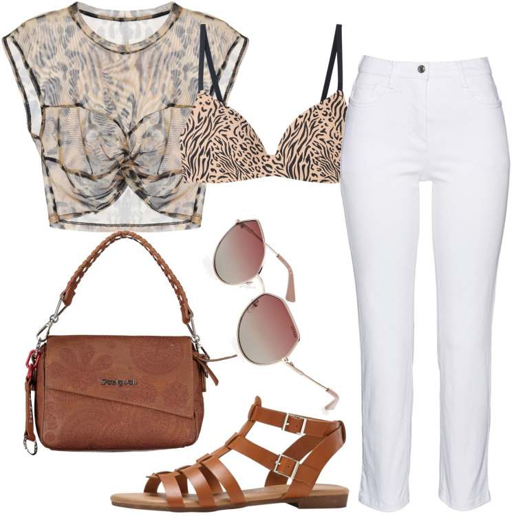 Outfit donna - Animalier. Stile Casual per Tutti i giorni. Abbinamento con pantaloni, sandali, reggiseni, top, occhiali da sole, borse a spalla.