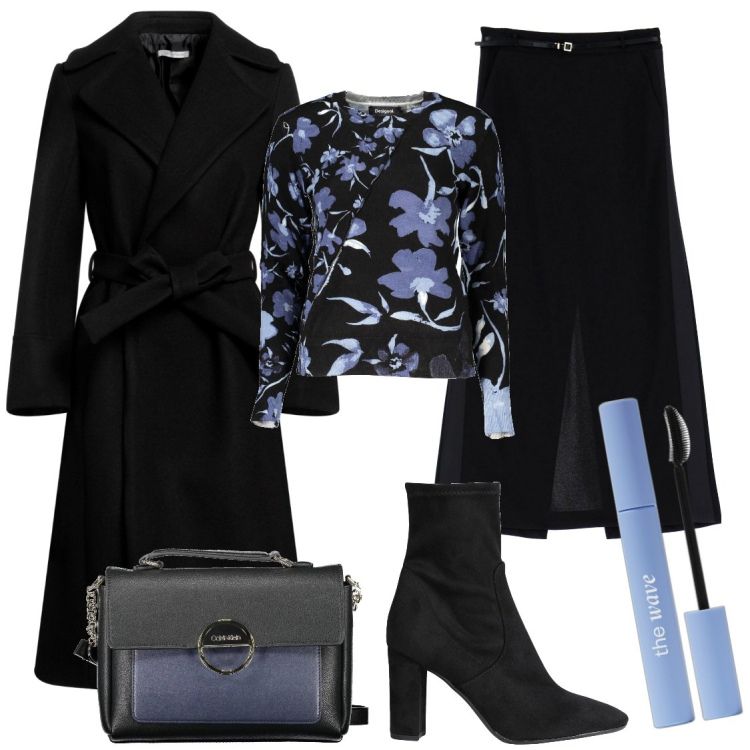 Outfit donna - Inverno lungo. Stile Casual chic per Ufficio. Abbinamento con cappotti, stivaletti, mascara, gonne longuette, maglieria, borse a tracolla.