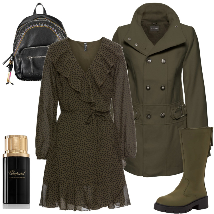 Outfit donna - Delizioso abito con volant a pois. Stile Casual per Tutti i giorni. Abbinamento con vestiti, cappotti, profumi, stivaletti, zaini.