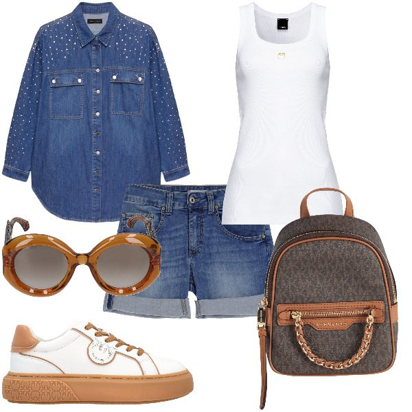 Outfit donna - Total look #1834987. Stile Casual per Tutti i giorni. Abbinamento con zaini, shorts, sneakers, canottiere, occhiali da sole, camicie.
