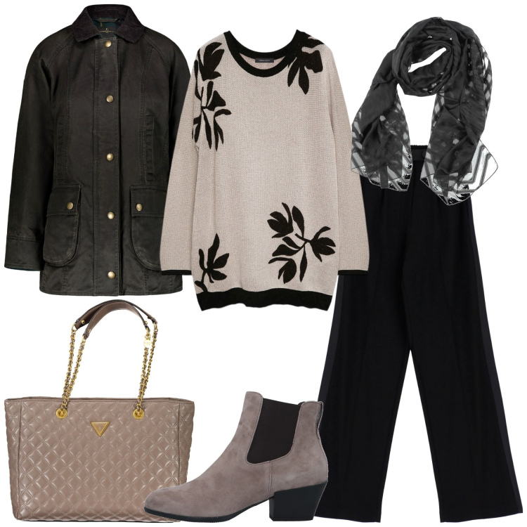 Outfit donna - Ufficio. Stile Casual chic per Ufficio. Abbinamento con stivaletti chelsea, sciarpe, pantaloni, maglieria, borse a spalla, blazer.