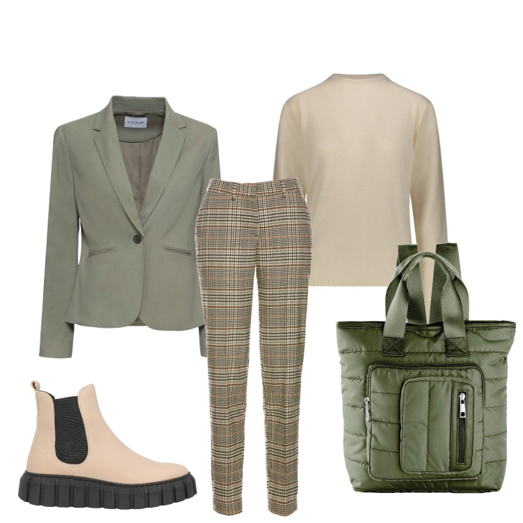 Outfit donna - In ufficio. Stile Minimal per Ufficio. Abbinamento con pantaloni, blazer, zaini, stivaletti, pullovers.