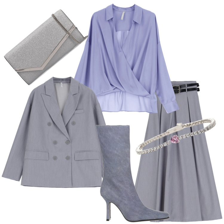 Outfit donna - Viola. Stile Chic per Serata fuori. look ideale per Petite. Abbinamento con stivali, braccialetti, camicie, gonne longuette, blazer, pochette.