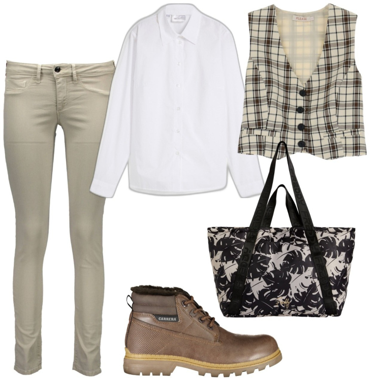 Outfit donna - Shopping. Stile Urban per Tutti i giorni. Abbinamento con camicie, gilet, shopping bag, pantaloni, stivali.