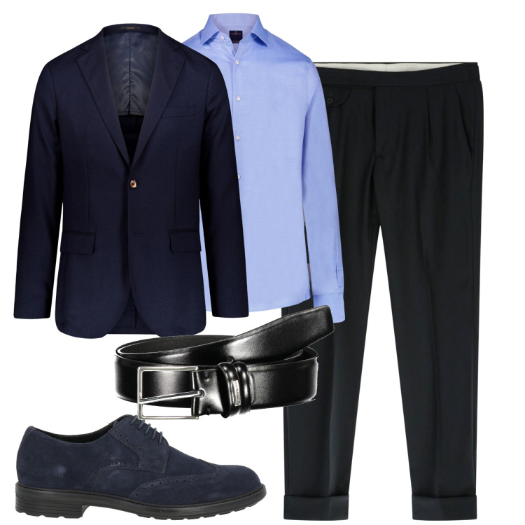 Outfit uomo - Elegante in blu. Stile Business/Elegante per Tutti i giorni. Abbinamento con scarpe stringate, pantaloni capri, camicie, cinture, giacche.
