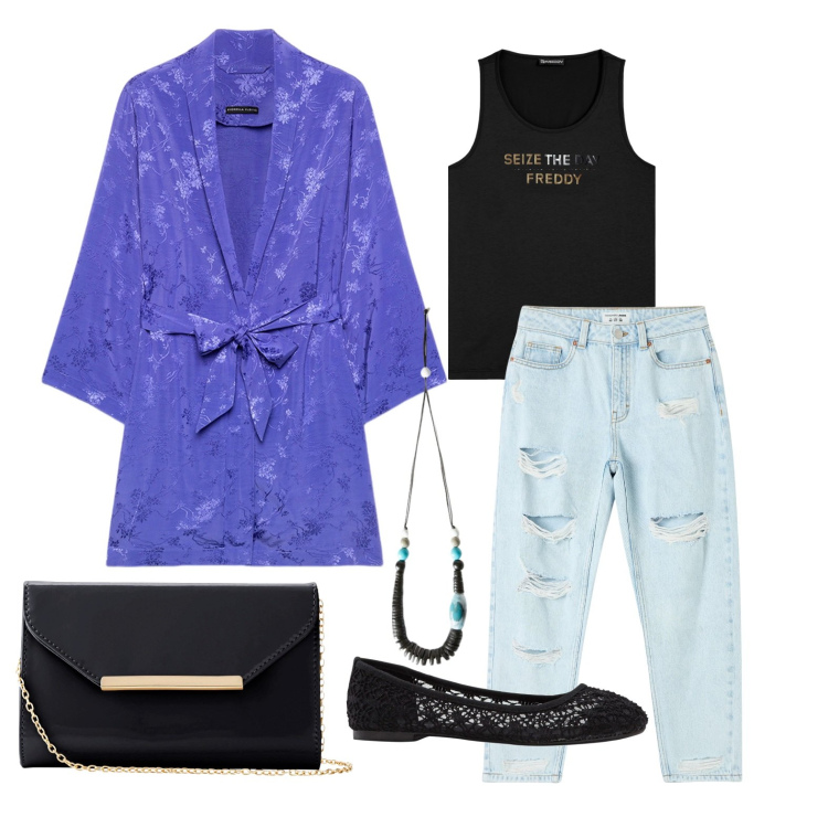 Outfit donna - Ghost outfitter - marzo. Stile Glamour per Tutti i giorni. Abbinamento con ballerine, pochette, jeans mom, canottiere, caftani, collane.