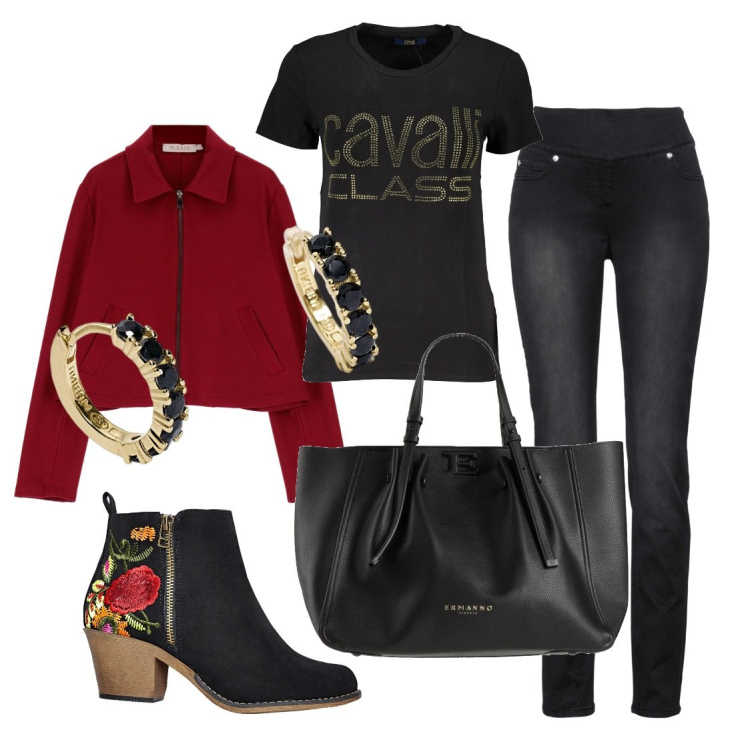Outfit donna - Una giornata impegnata. Stile Casual chic per Tutti i giorni. Abbinamento con jeans dritti, stivaletti, borse a mano, orecchini, blazer, t-shirt.