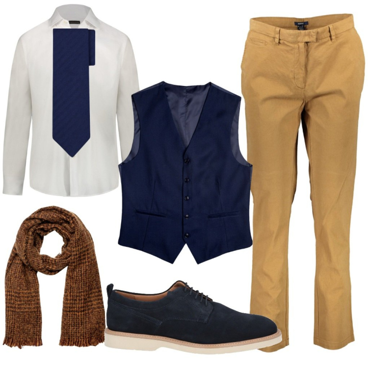 Outfit uomo - Marco: in banca. Stile Casual per Ufficio. Abbinamento con scarpe stringate, sciarpe, camicie, gilet, cravatte, pantaloni.