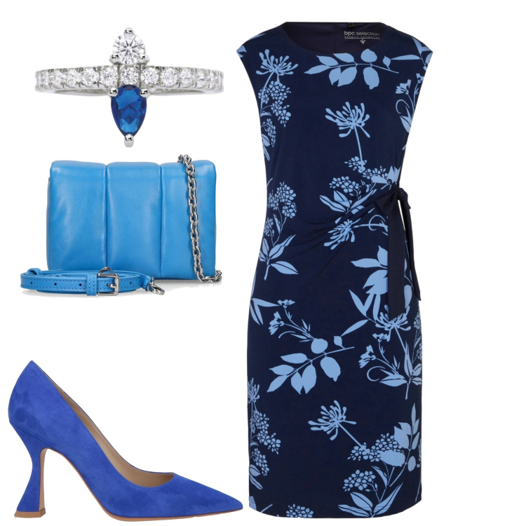 Outfit donna - City. Stile Chic per Tutti i giorni. Abbinamento con vestiti, décolleté, anelli, borse a spalla.