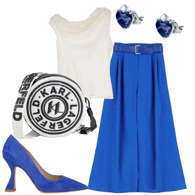 Outfit donna - City. Stile Chic per Tutti i giorni. Abbinamento con décolleté, orecchini, borse a tracolla, pantaloni a palazzo, canottiere.