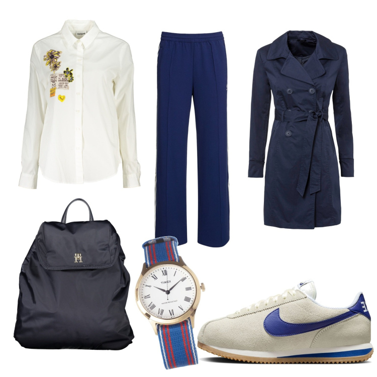 Outfit donna - A lavoro in blu. Stile Casual per Tutti i giorni. Abbinamento con trench, orologi, sneakers, camicie, zaini, pantaloni.